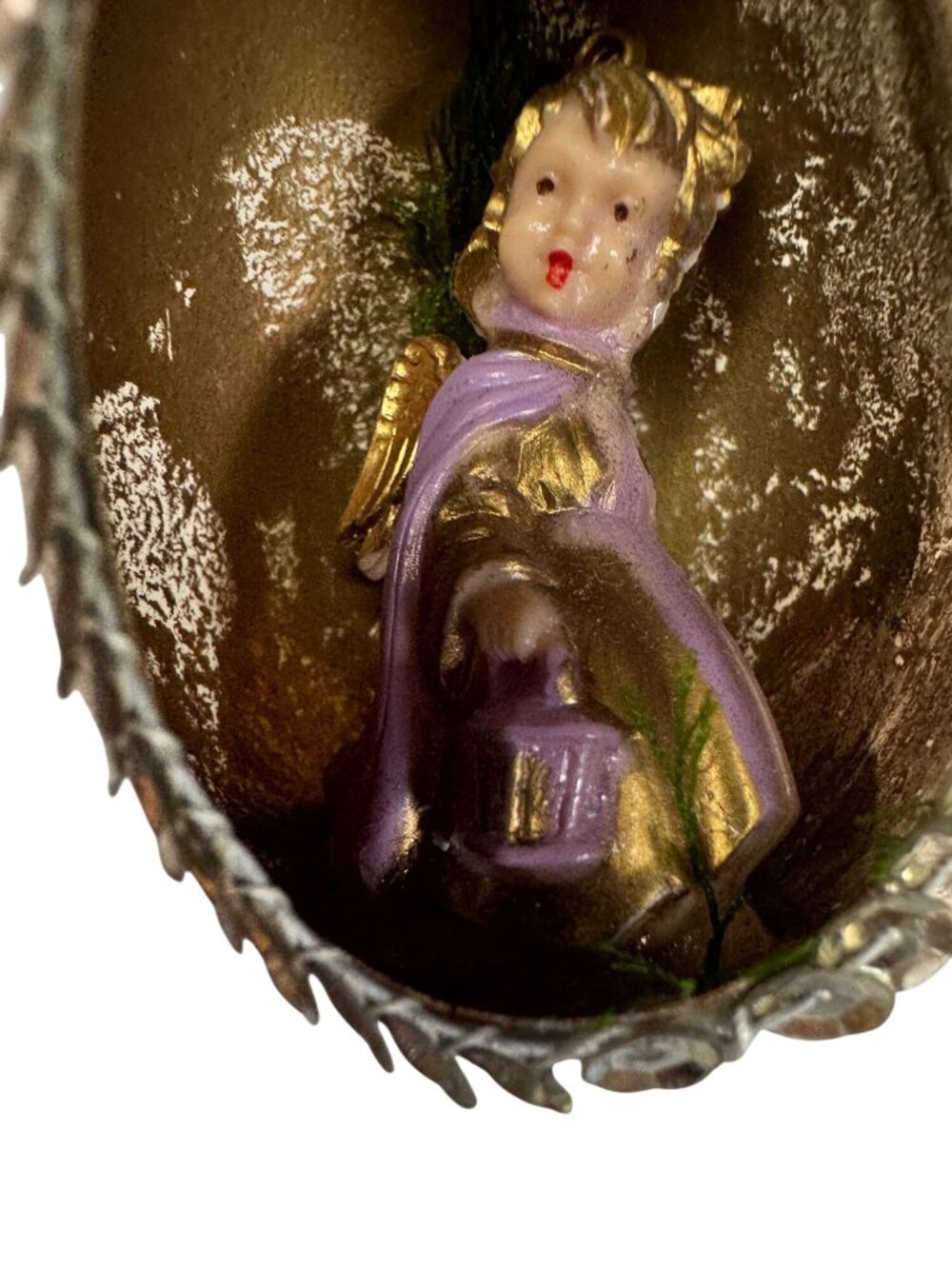 Vintage Eggshell Diorama Lantern Angel Ornament Silver Trim 2" - Picture 2 of 5